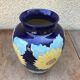 Ancient Blue Enamelled Ceramic Vase Decor Yellow Flowers 60s Vintage