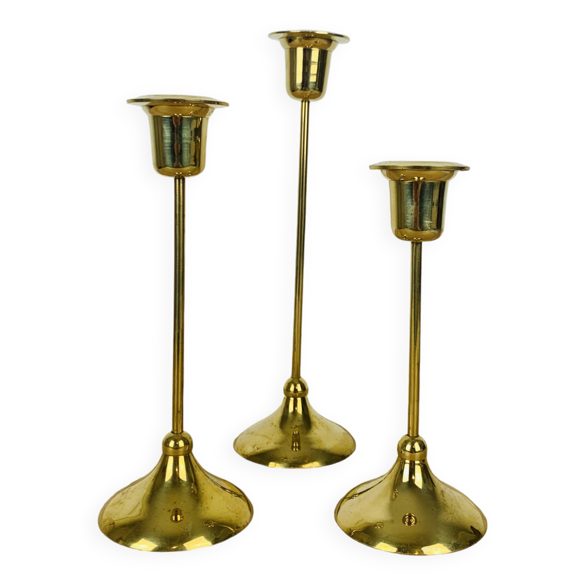 3 Scandinavian style gold-plated brass candle holders