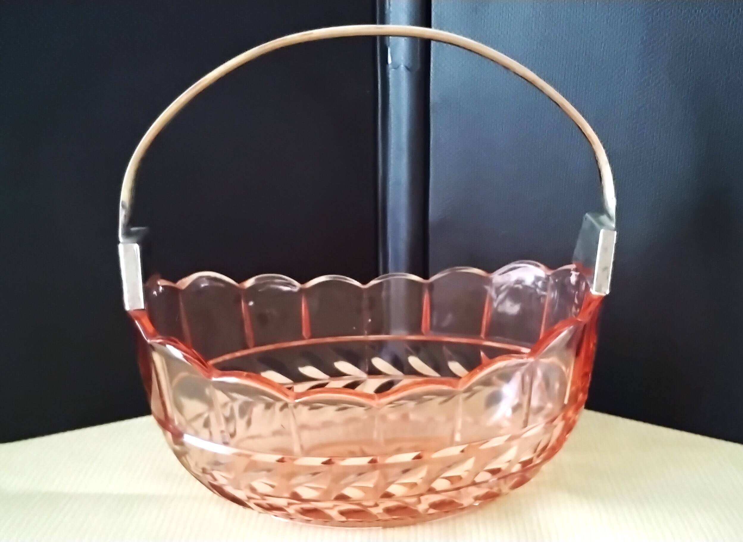 Pink molded pressed glass fruit basket centerpiece