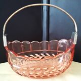 Pink molded pressed glass fruit basket centerpiece