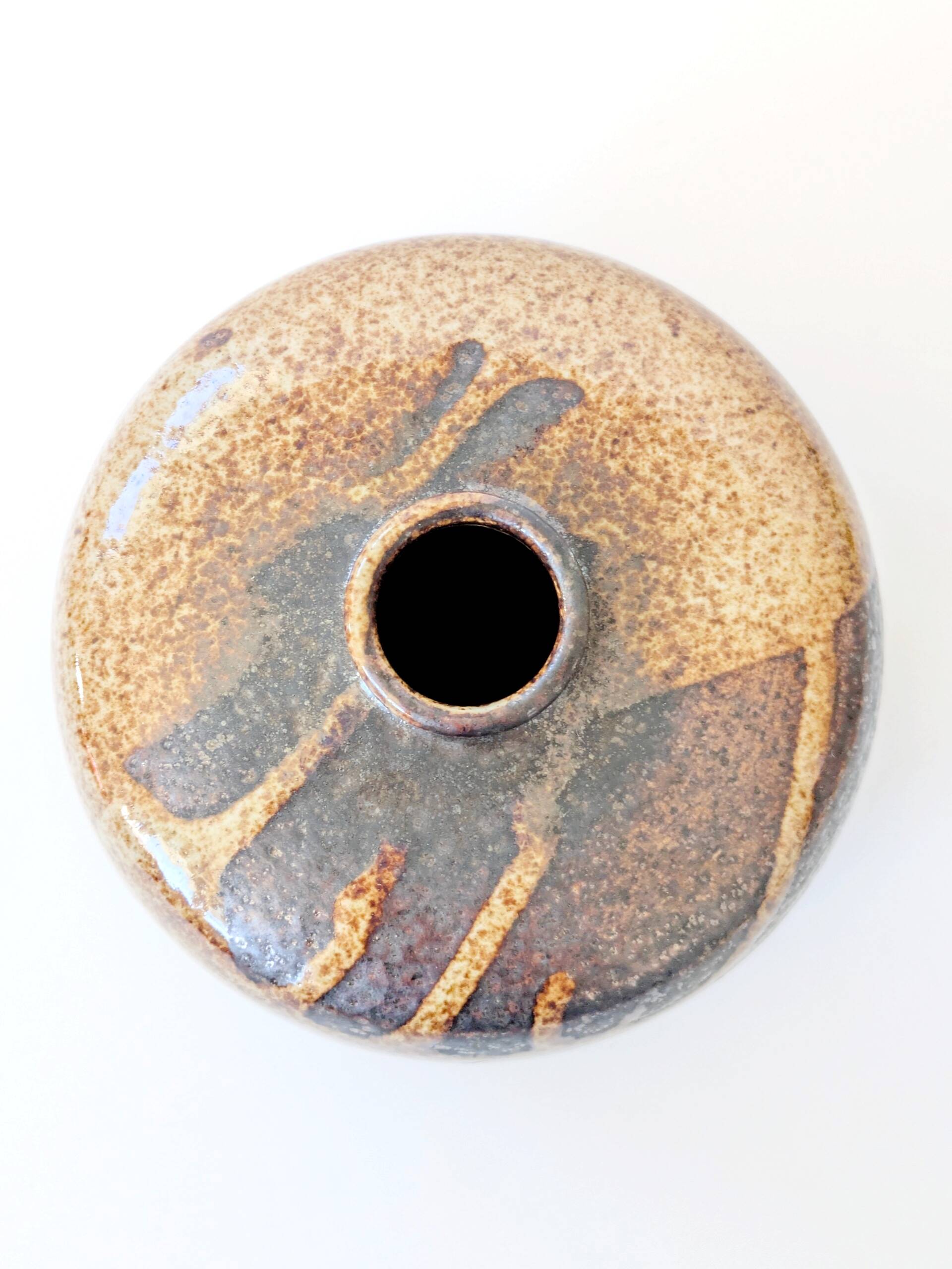 Round stoneware vase, brown and cream glaze, vintage handmade pottery