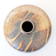 Round stoneware vase, brown and cream glaze, vintage handmade pottery