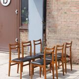 Set of 6 Scandinavian chairs in beech and black skaï, 1960s