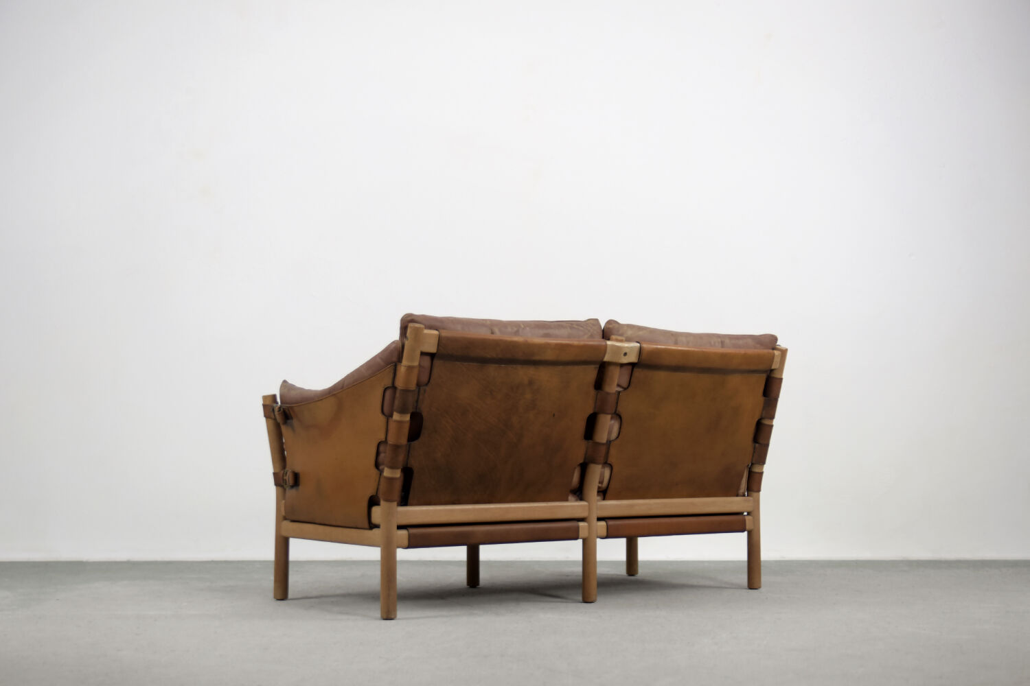 Vintage scandinavian oak & leather 2-seater Safari sofa, 1960s