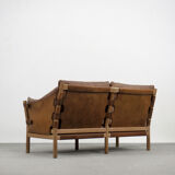 Vintage scandinavian oak & leather 2-seater Safari sofa, 1960s