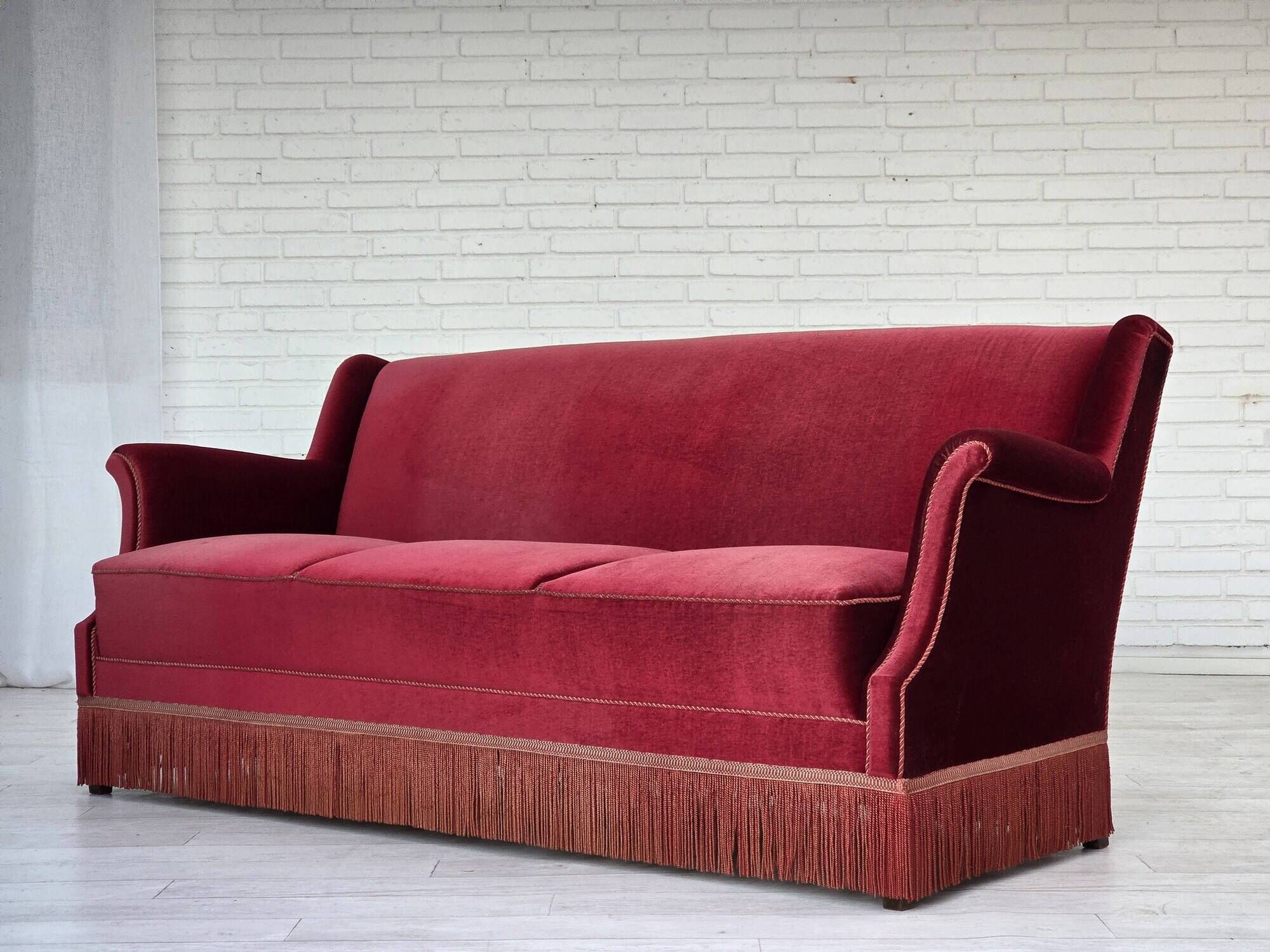 1960s, Danish 3-seater sofa, cherry-red furniture velour, ash wood.