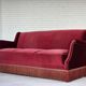 1960s, Danish 3-seater sofa, cherry-red furniture velour, ash wood.