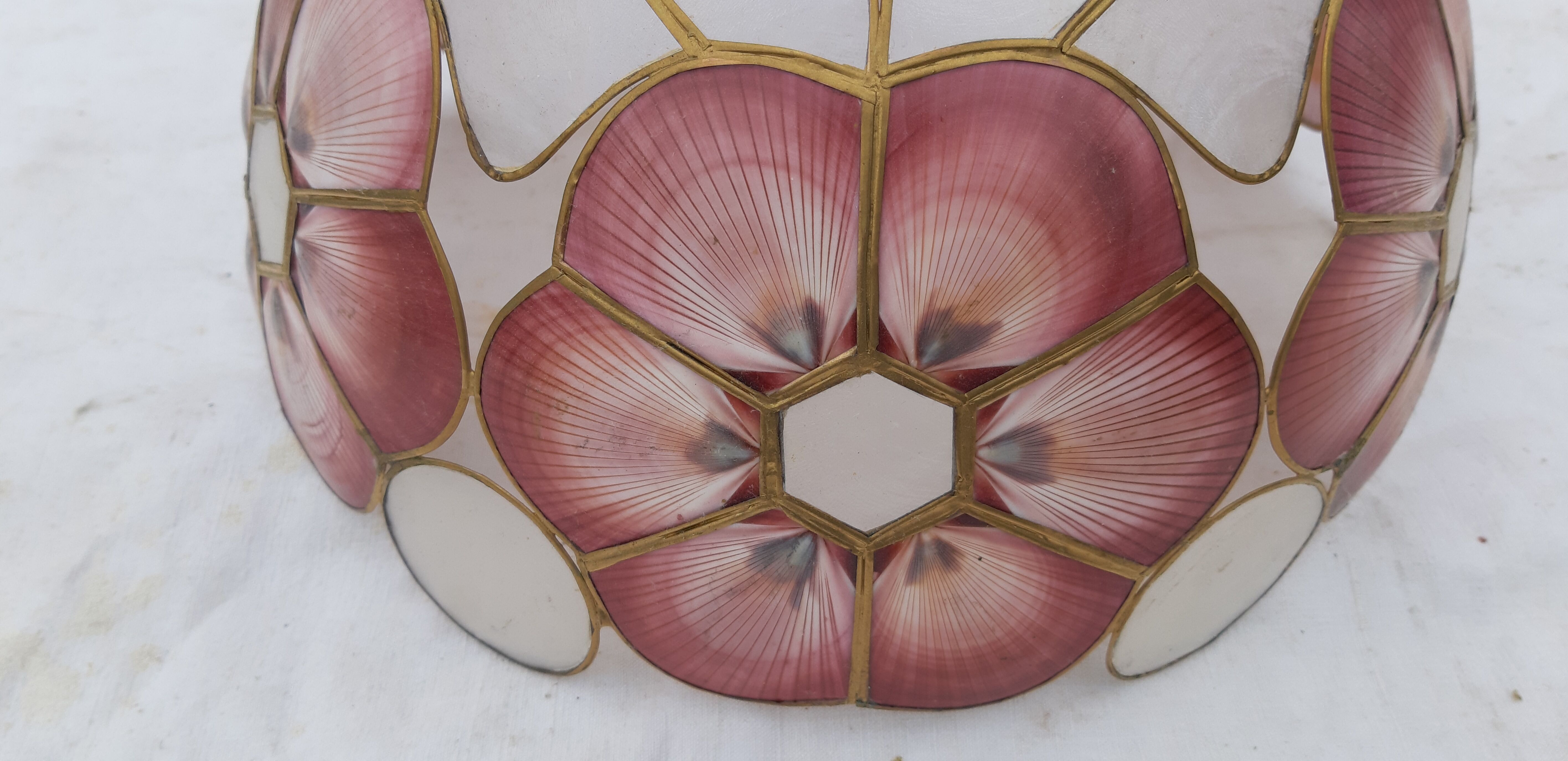 Pair of vintage pendant lamps in brass mother-of-pearl and shells