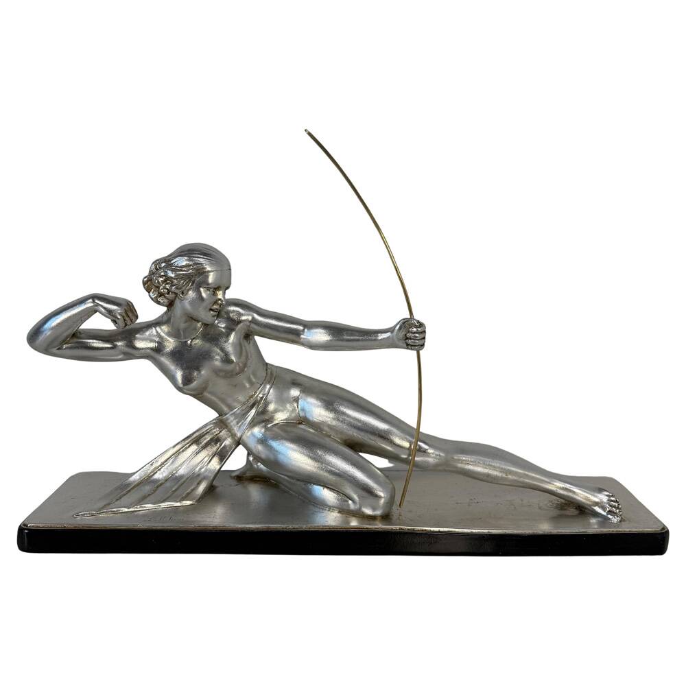 Diana the Huntress Art Deco Silver Leaf Sculpture by Salvatore Melani, 1930