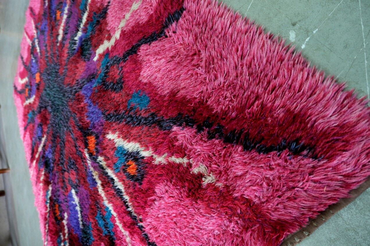 Abstract Scandinavian  Hand-Knotted High Pile Rya Rug Carpet, Sweden, 1960s