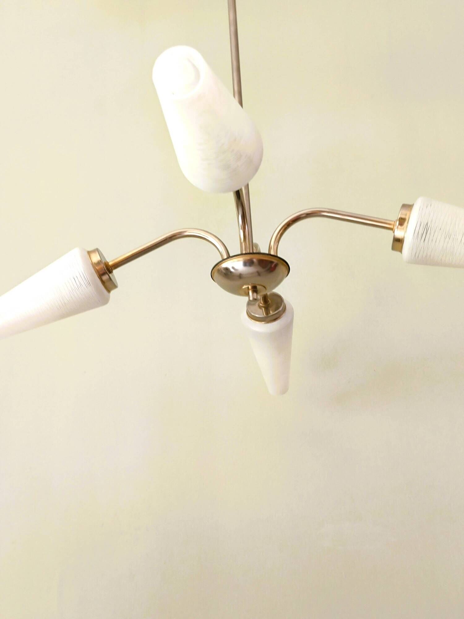 Brass chandelier with conical lampshades from the 1970s