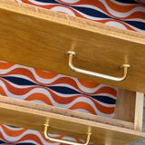 Vintage chest of drawers with tapered legs, solid raw oak, 1960.