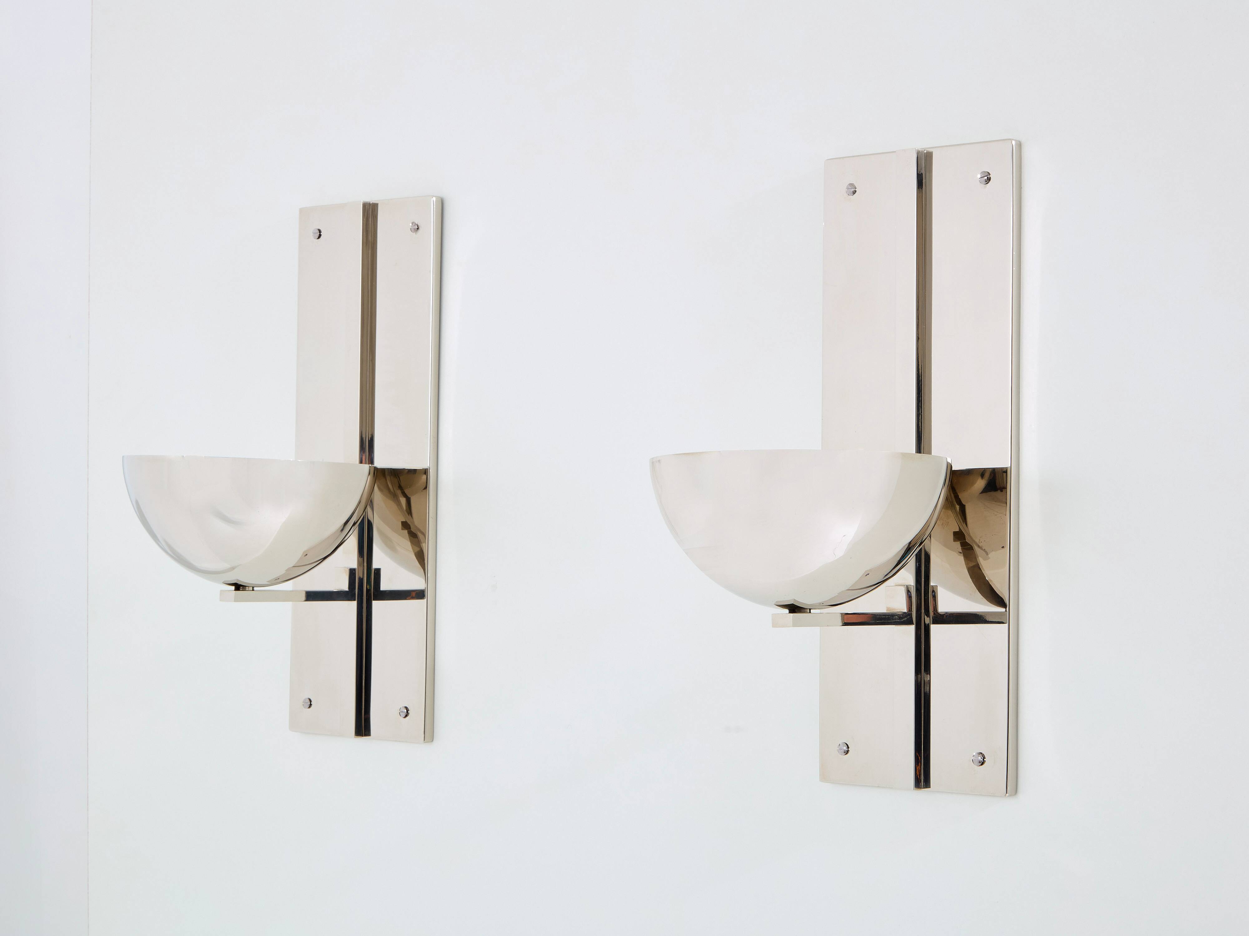Pair of modernist wall lights by Claude Parent, nickel-plated steel, 1992.