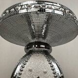 Small wooden pedestal table entirely covered with mirror mosaic