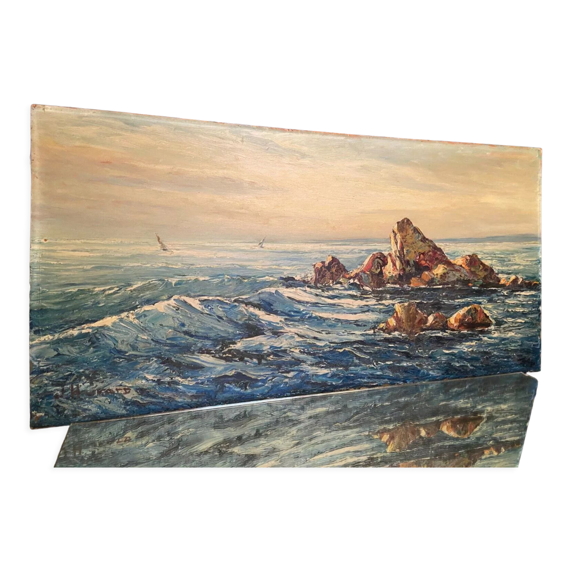 Painting, oil on panel, marine signed joseph hurard 1887-1956 work titled on the back: vague