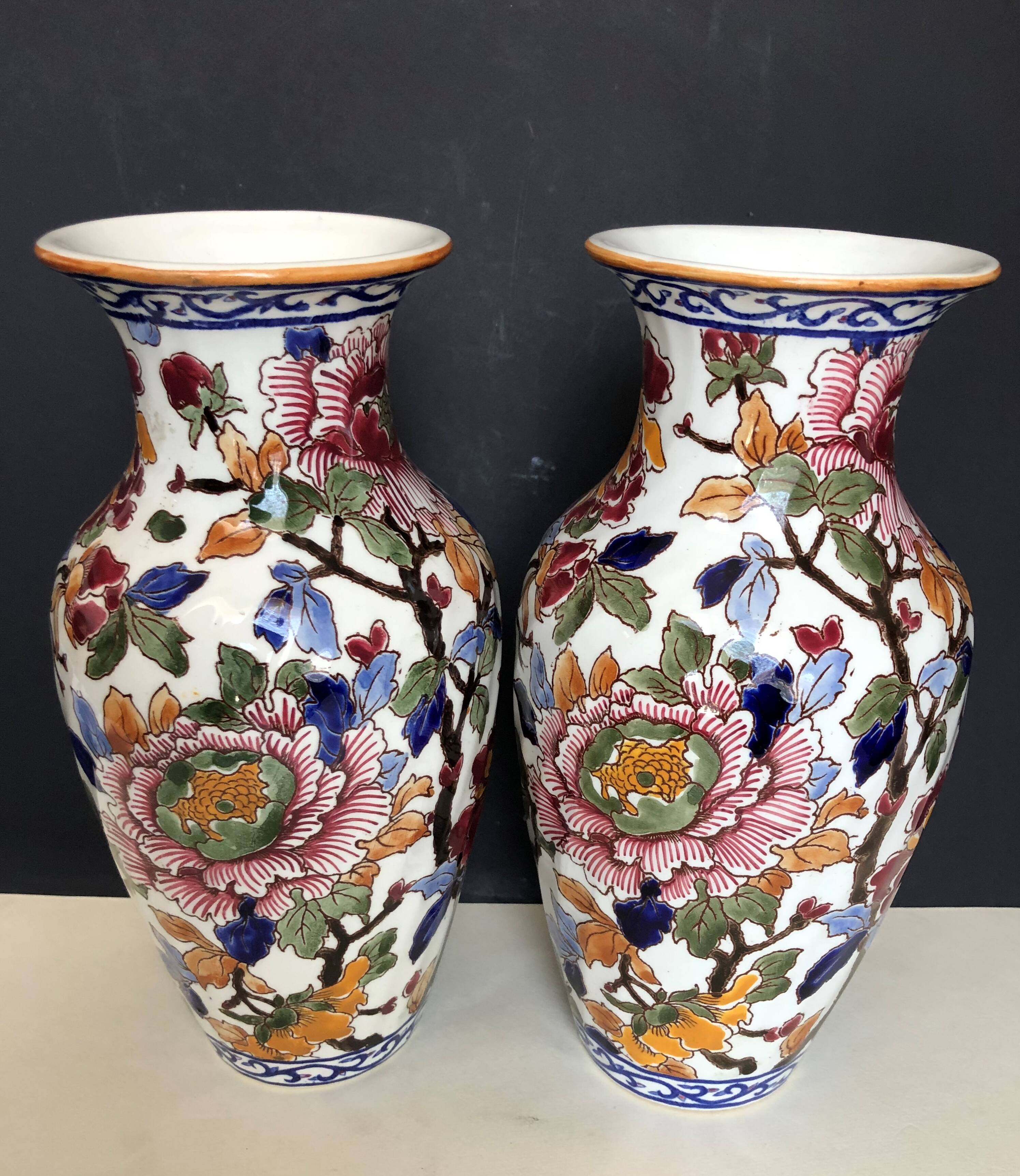 Pair of large Vase in Gien earthen earthen pattern Peonies