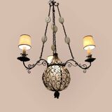 Antique Wrought Iron Murano Glass Light Pendant