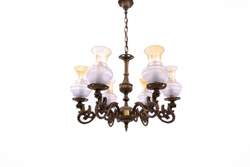 Six-arm brass chandelier from the early 20th century, Poland.