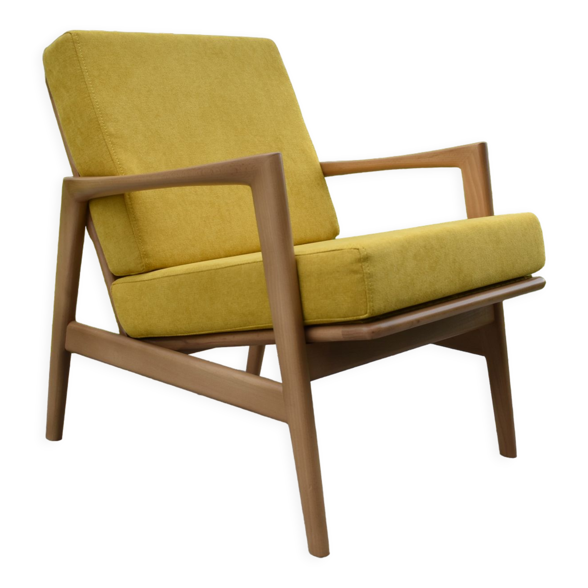 Scandinavian armchair, yellow fabric, natural wood