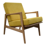 Scandinavian armchair, yellow fabric, natural wood