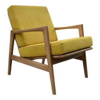Scandinavian armchair, yellow fabric, natural wood