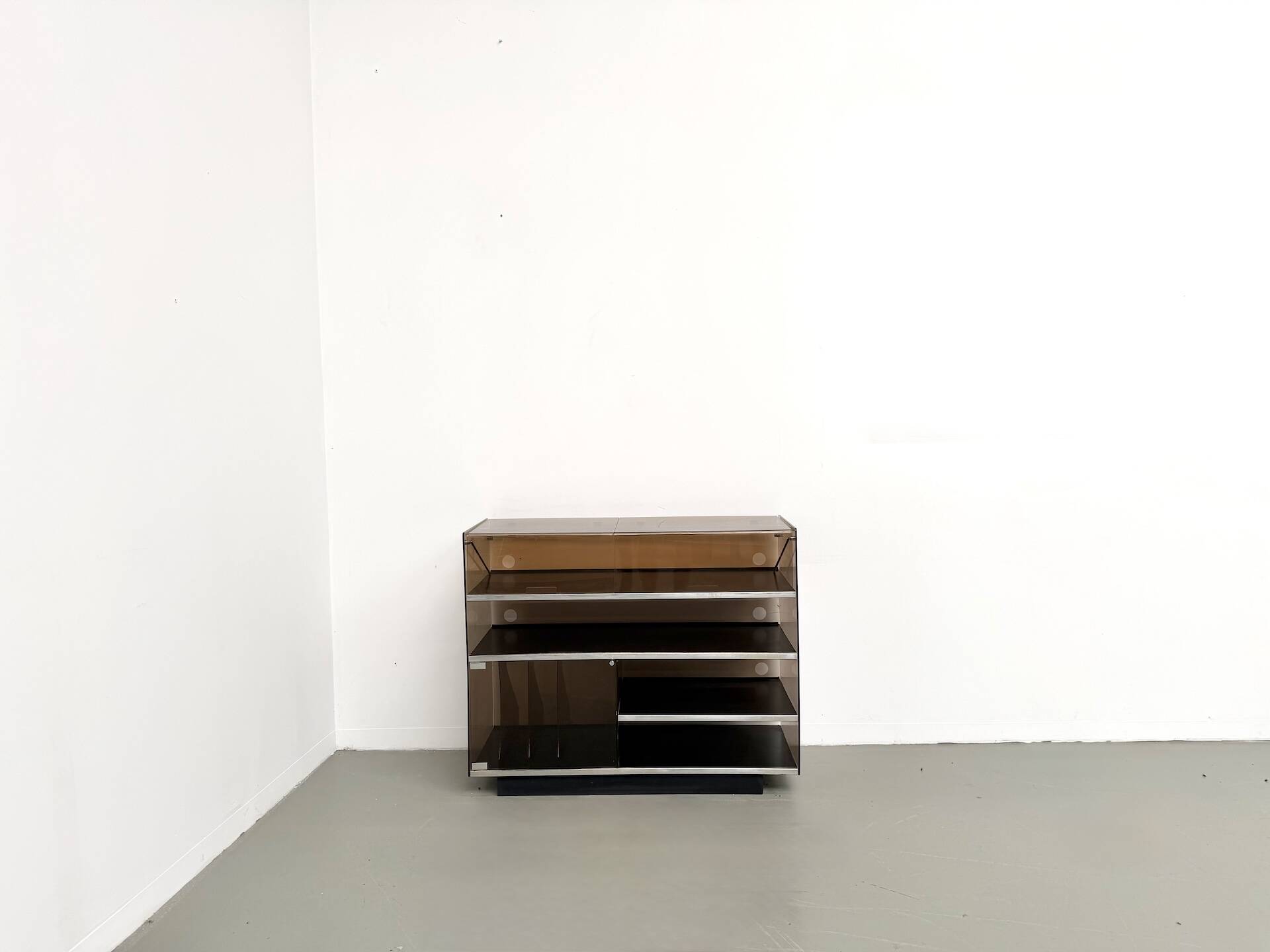 Hi-Fi furniture in smoked plexiglass and aluminium, Eric Maville