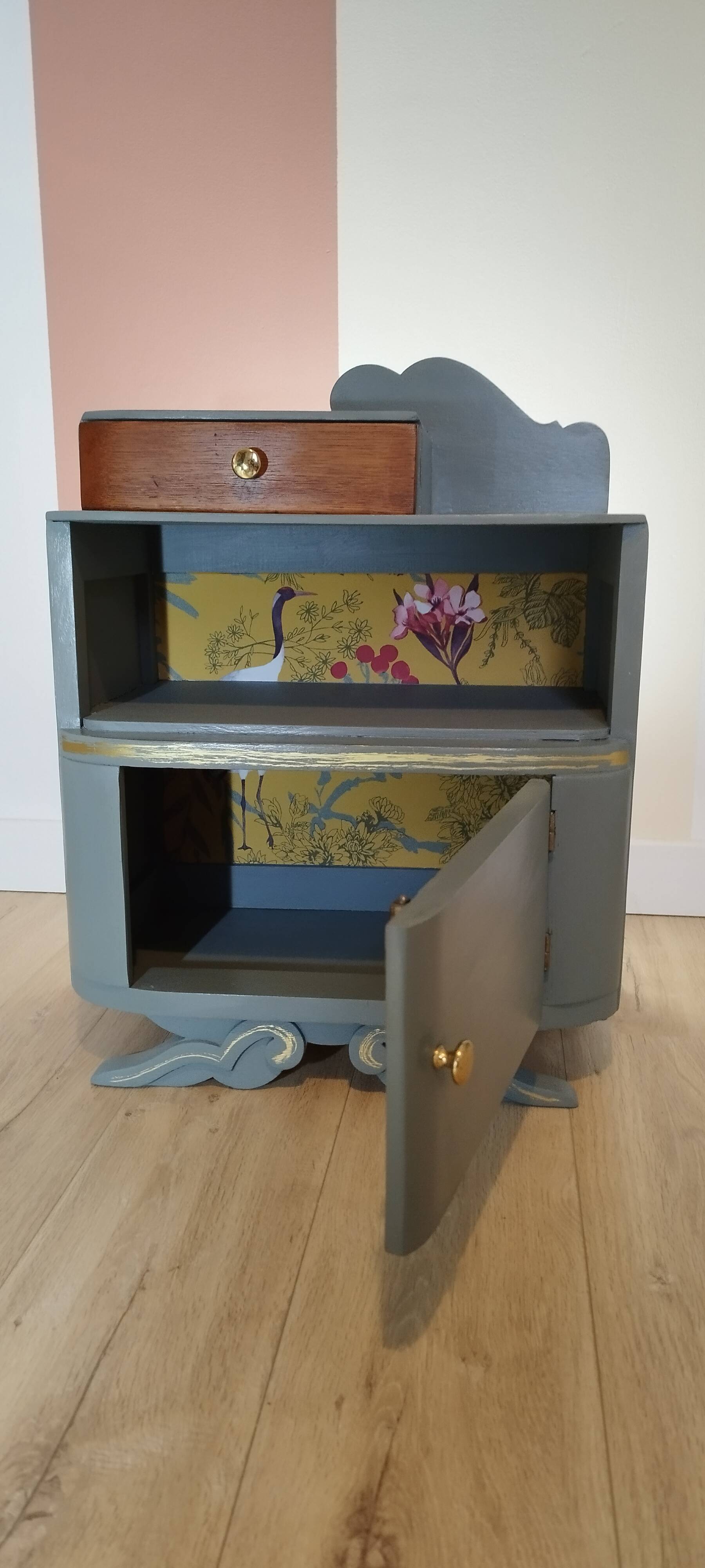Art deco style bedside table - asymmetrical mustache foot
