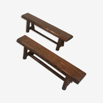 Brutalist solid oak benches France 1970s, set of 2