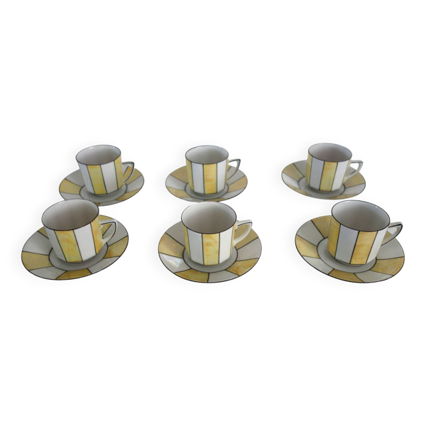 6 tasses à café en porcelaine irisée à rayures années 60