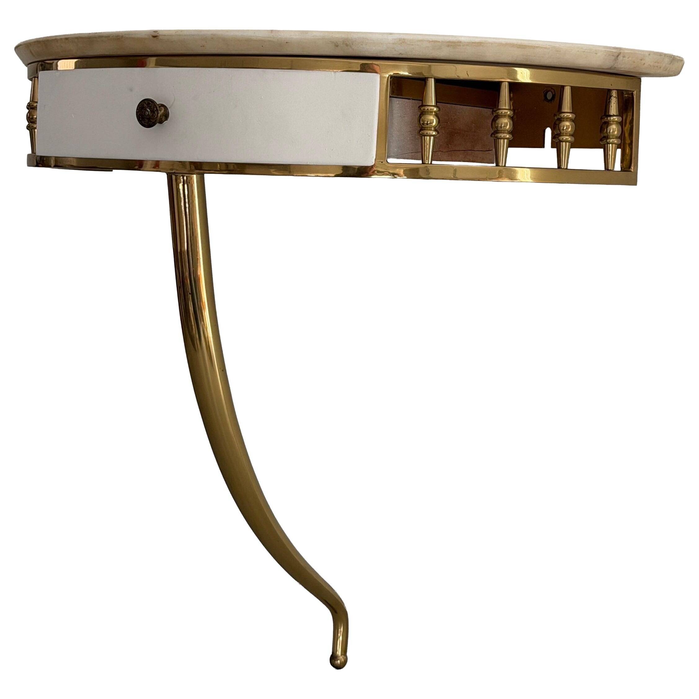 Floating wall console with drawer, brass body and marble top, 1960s, Italy