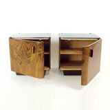 Pair Of Art Deco Bedside Tables With Faux Wood Graining & Glass, Czechoslov