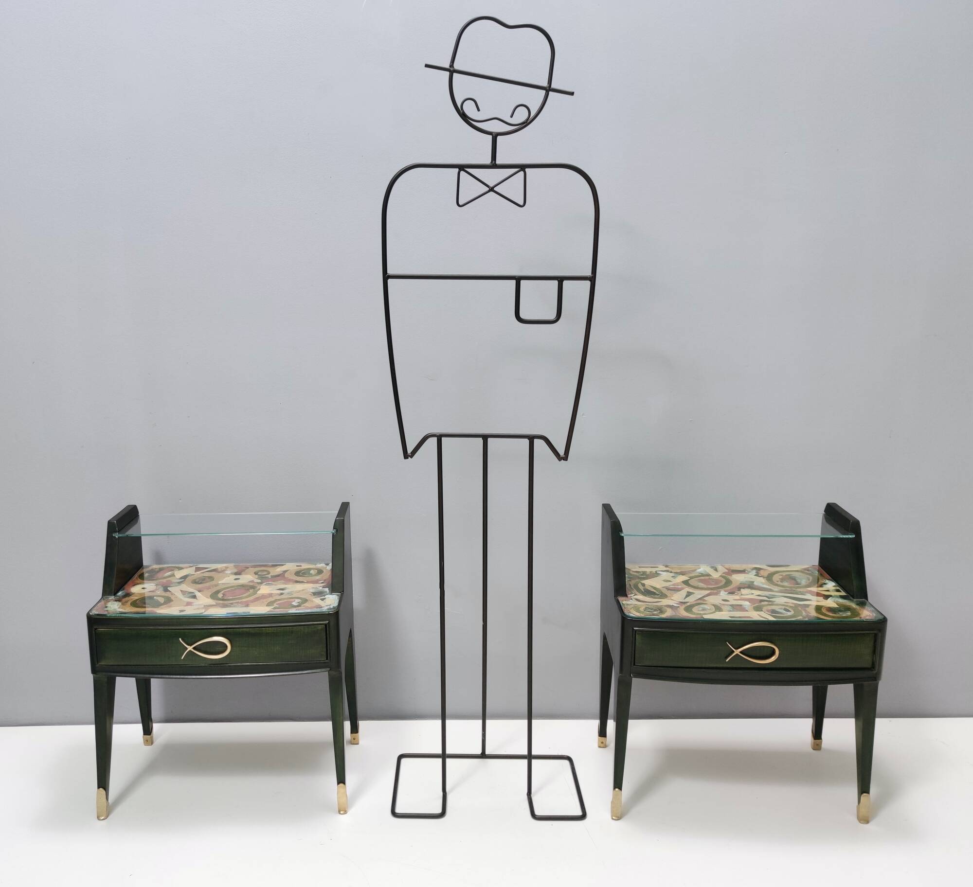 Pair of Dark Green Wooden Nightstands in 1950s Style with a Decorated Top,