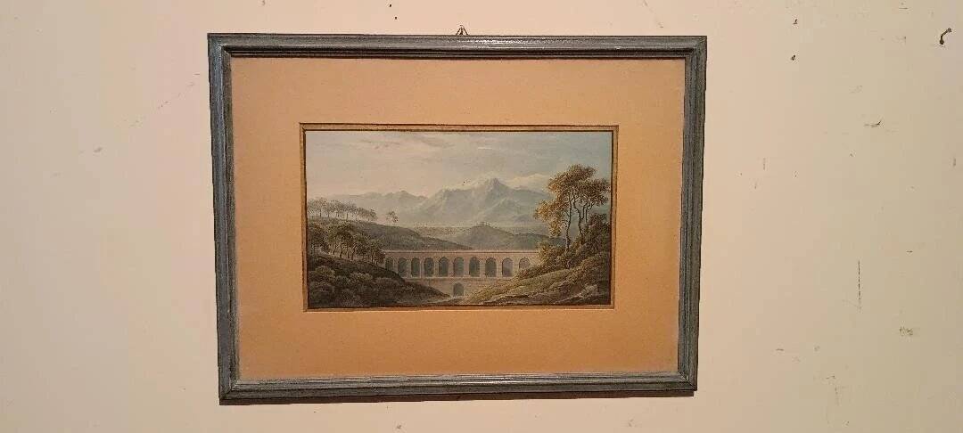 Aquarelle ancienne sur papier du début du XIXe siècle – paysage avec aqueduc.