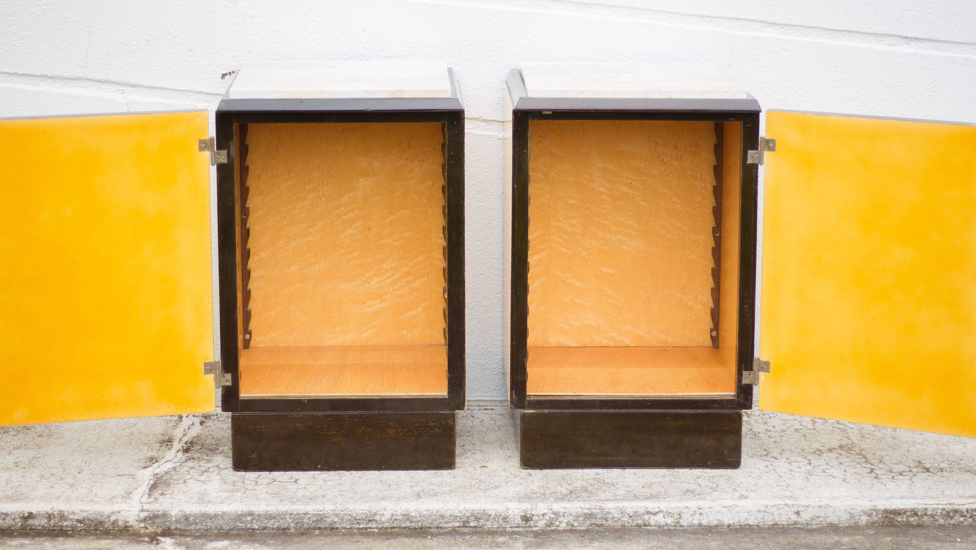 Pair of lacquered wood nightstands with brand plate, vintage bedside table, bedroom furniture