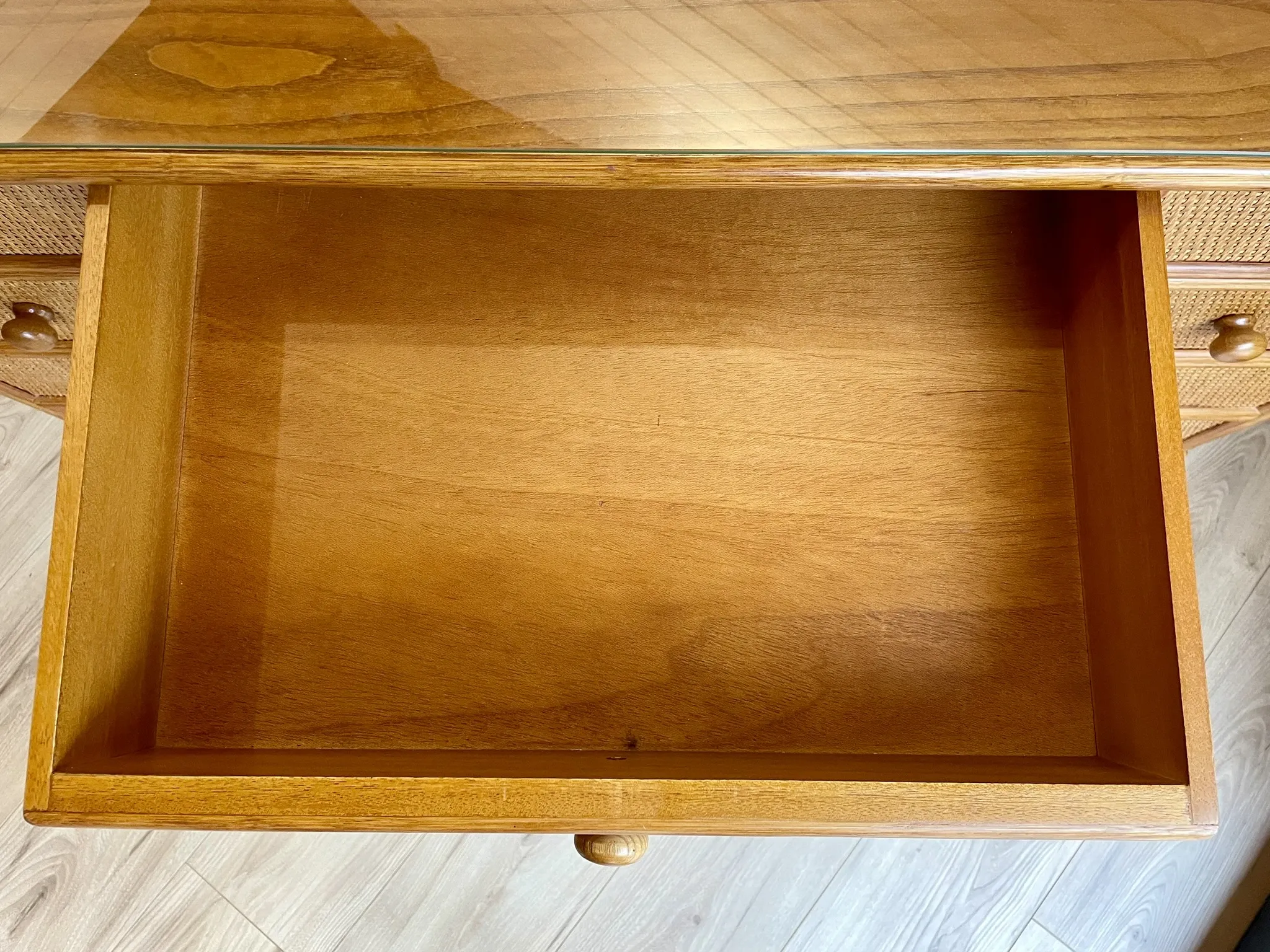 Cane work desk / Rattan glass top 9 drawers shallow depth