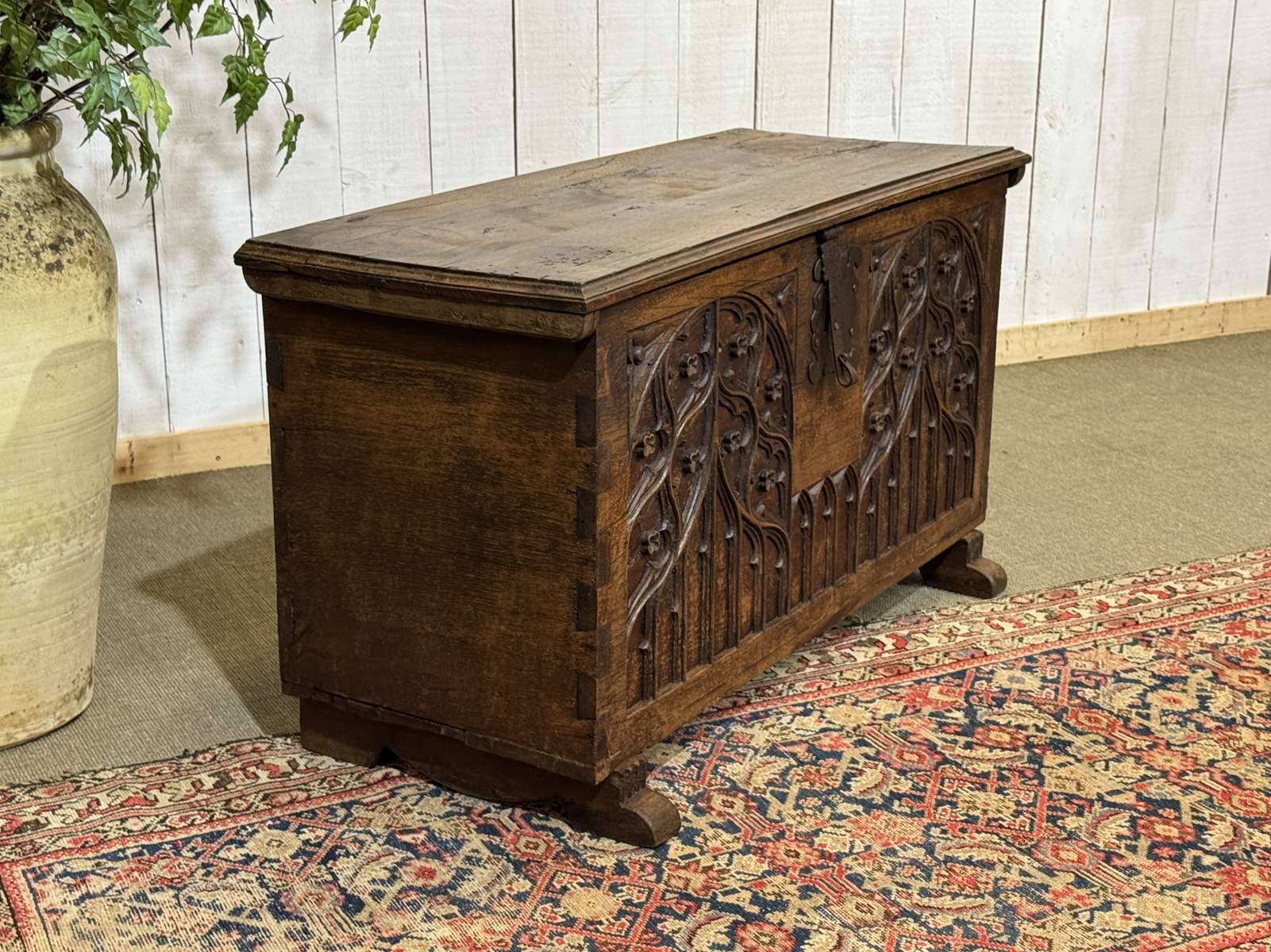 18th-century oak chest with Gothic decoration