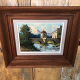 Oil painting on canvas s. audrey riverside + wood frame #a218