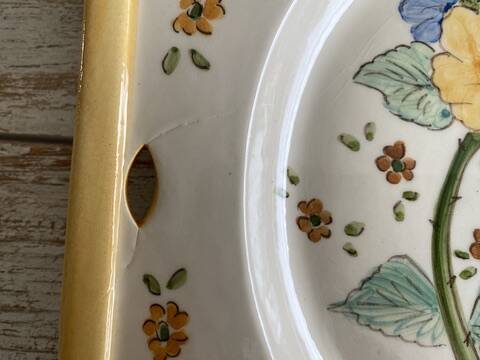 Antique plate with hand-painted floral decoration - 29 cm - yellow