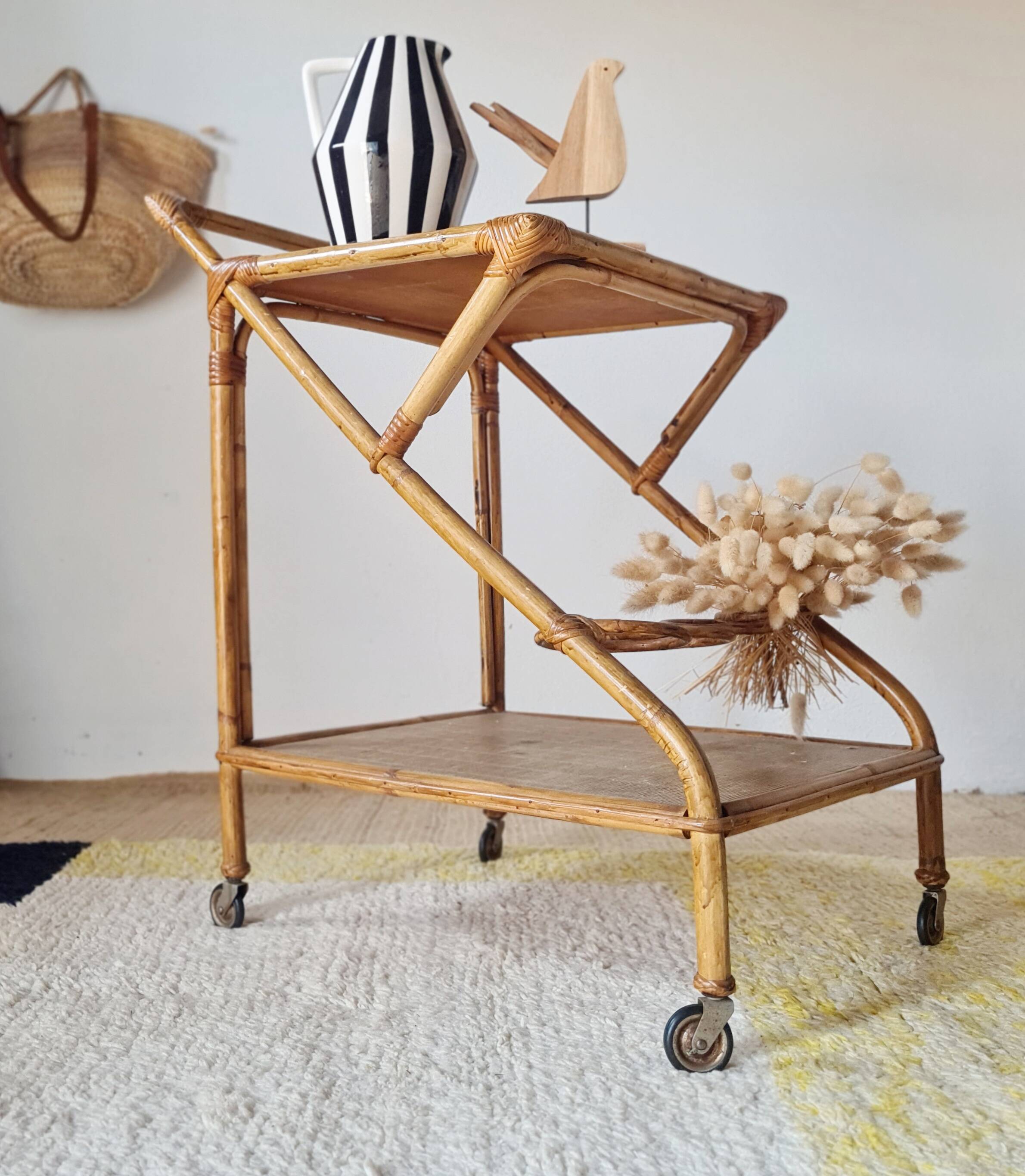 Vintage rattan dessert trolley - double shelves