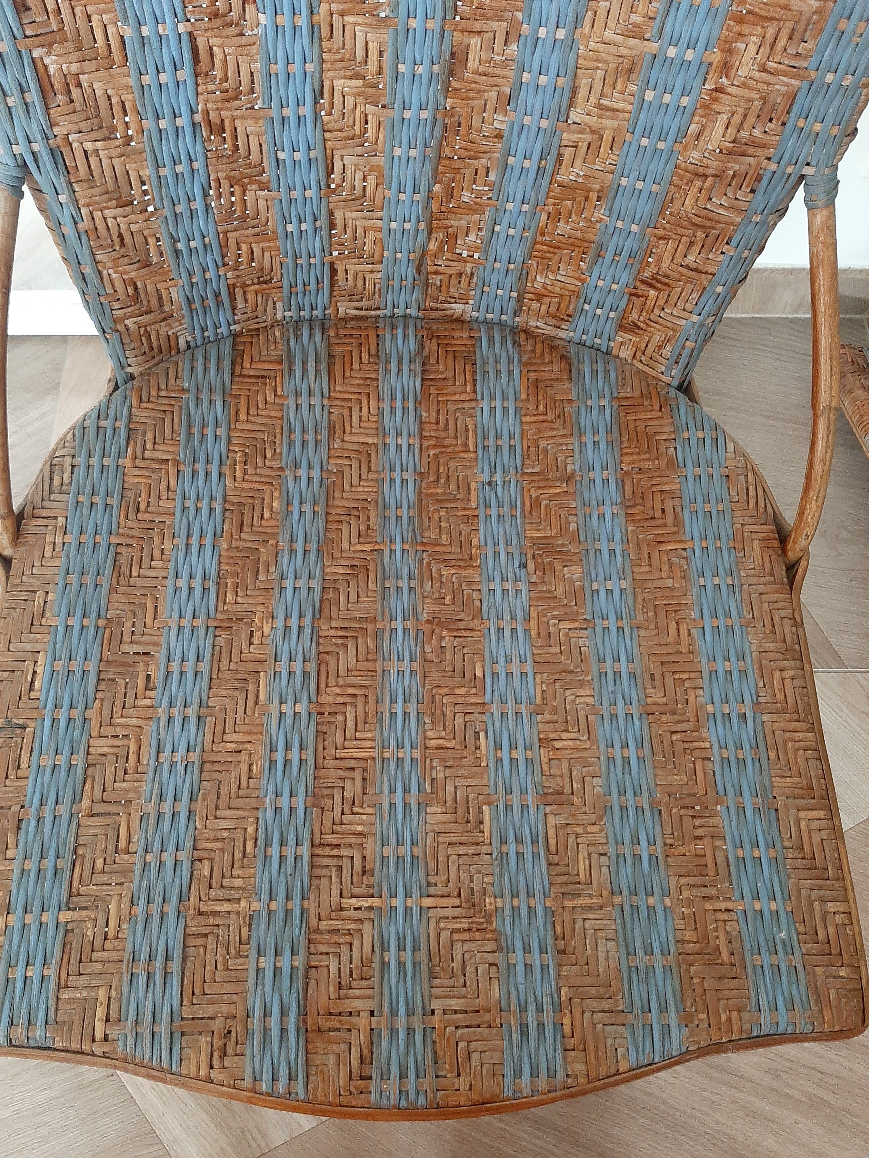 2 woven rattan garden chairs – sky blue net patterns – 1940s