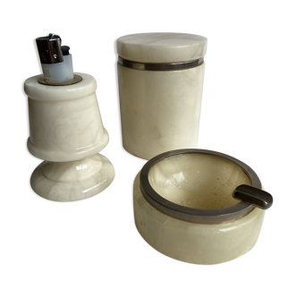 Set of lighter, ashtray and alabaster tobacco pot