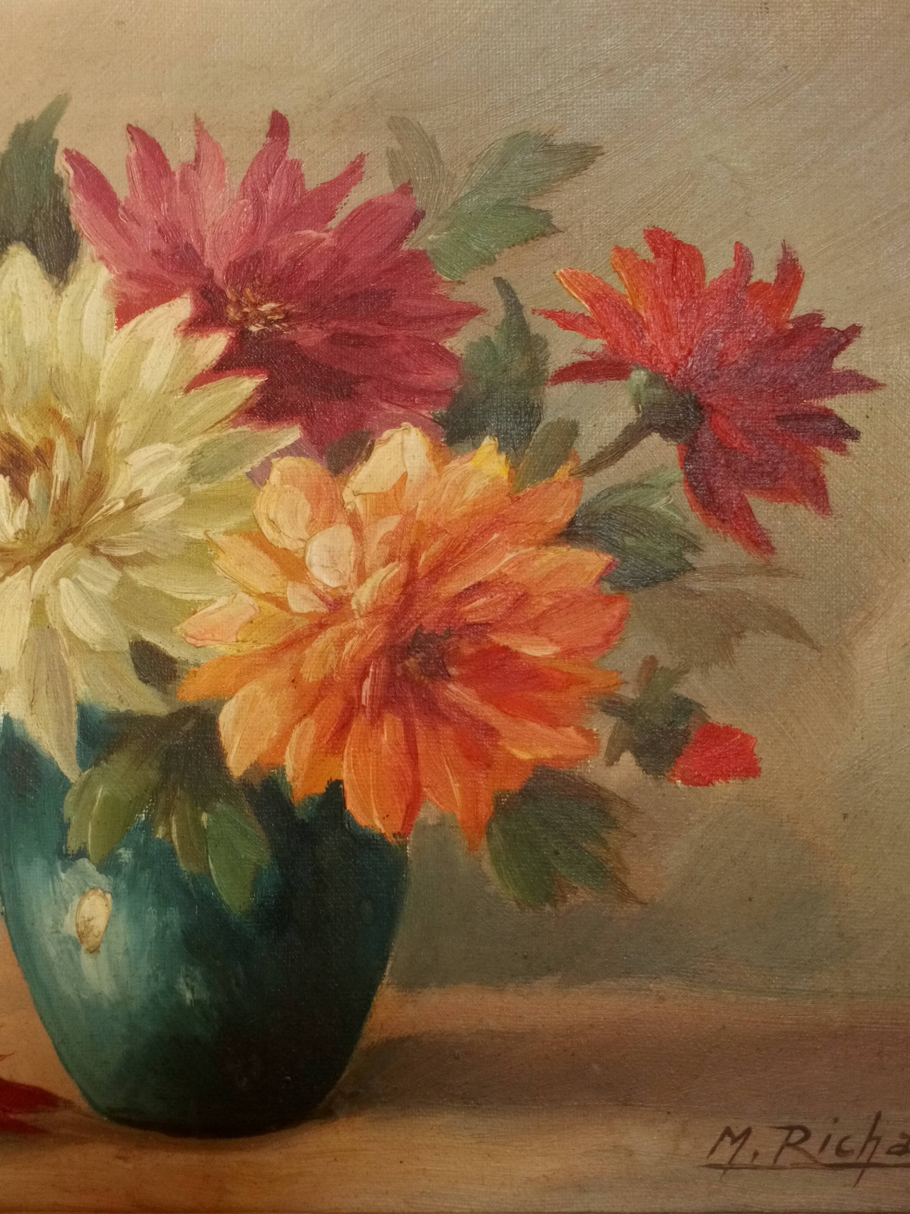 Oil on canvas vase with dalhias framed