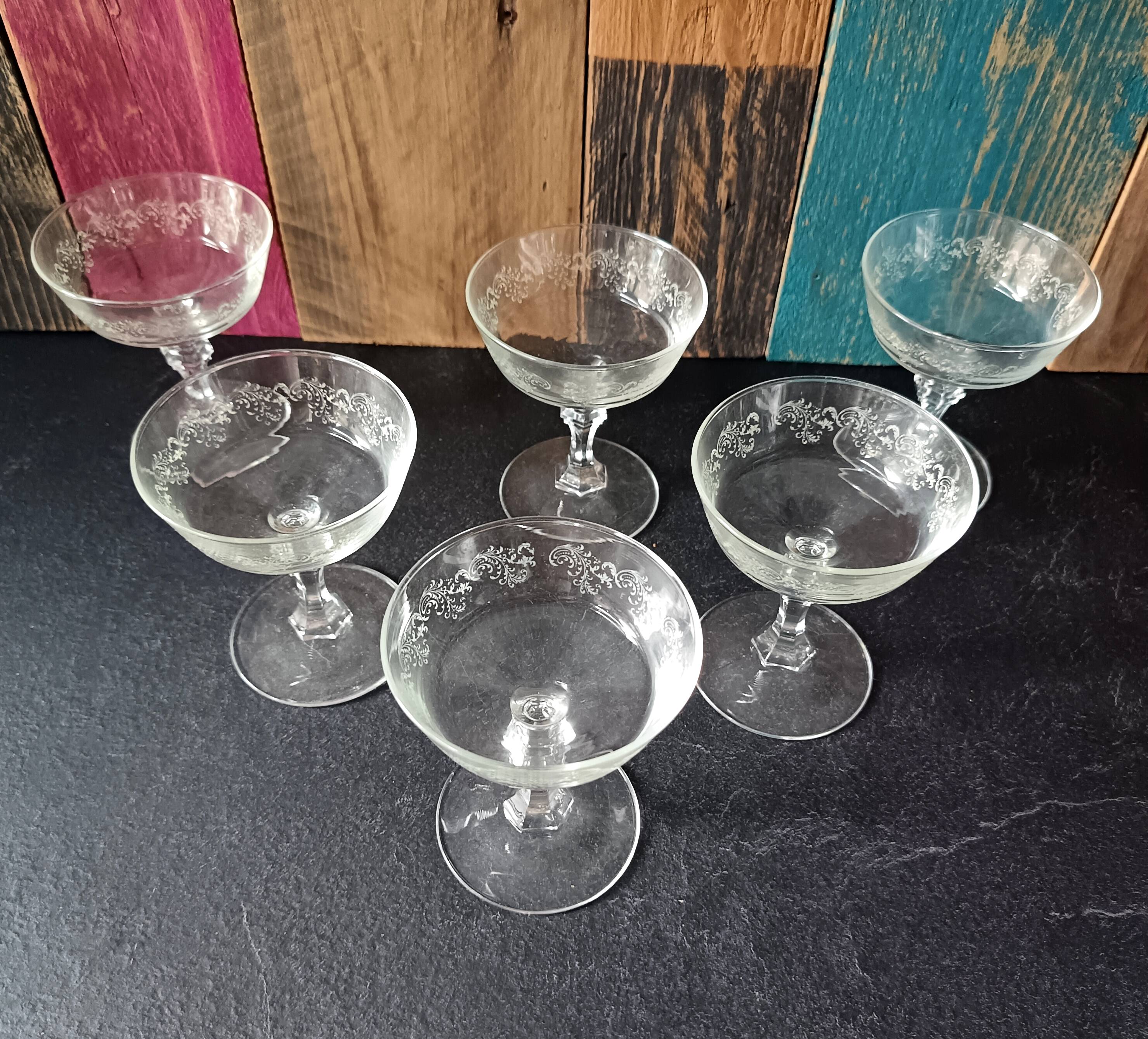 6 champagne coupes, vintage glass coupes