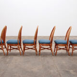 Bohemian bamboo mcguire dining table set with 6 palm leaf chairs, 1960 france.