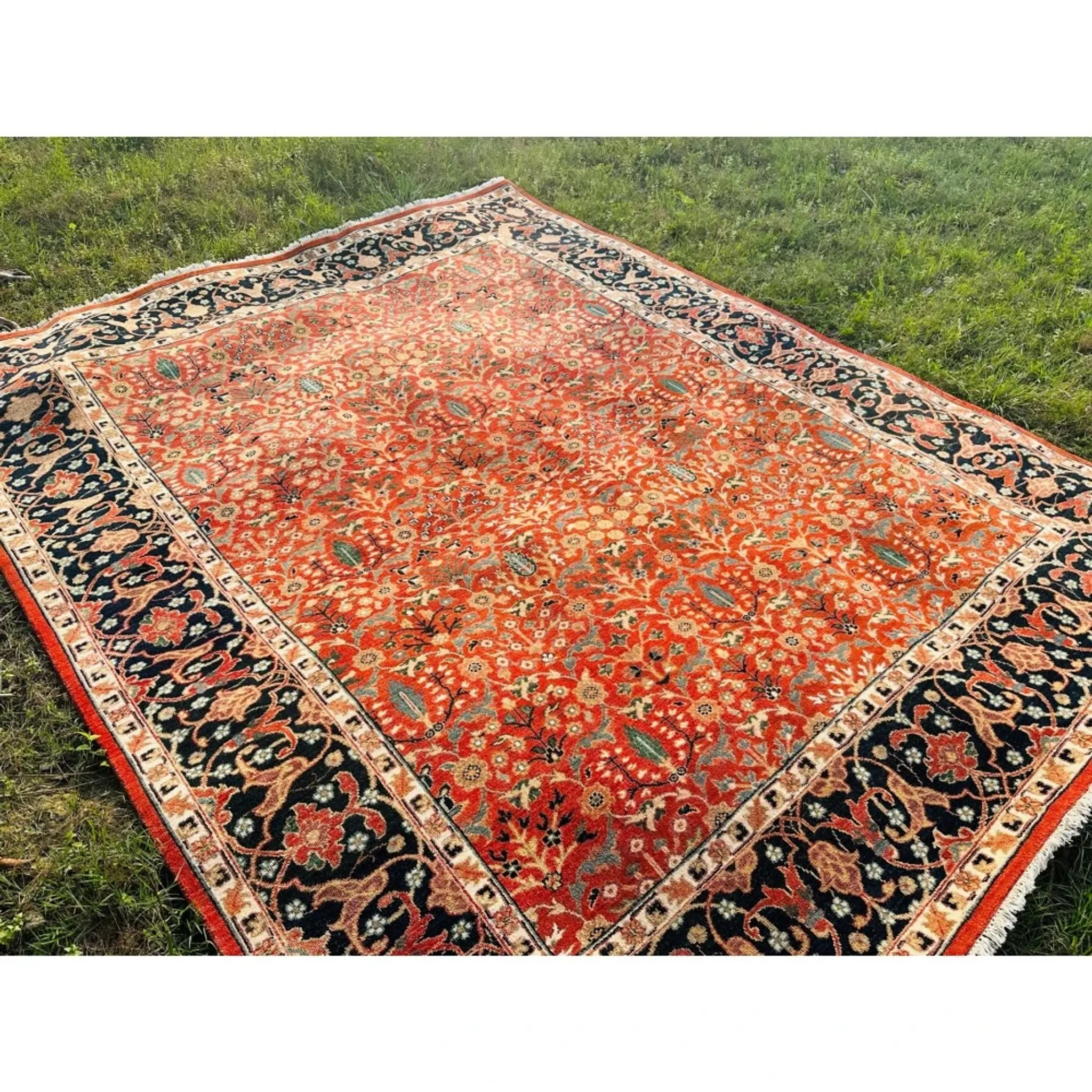 Hand-Knotted Area Rug with Floral Design, Red Wool Carpet for Living Room