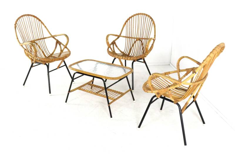 Set of 3 rattan chairs + coffee table - mid century dutch design