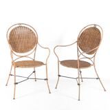 Pair of rattan and iron armchairs