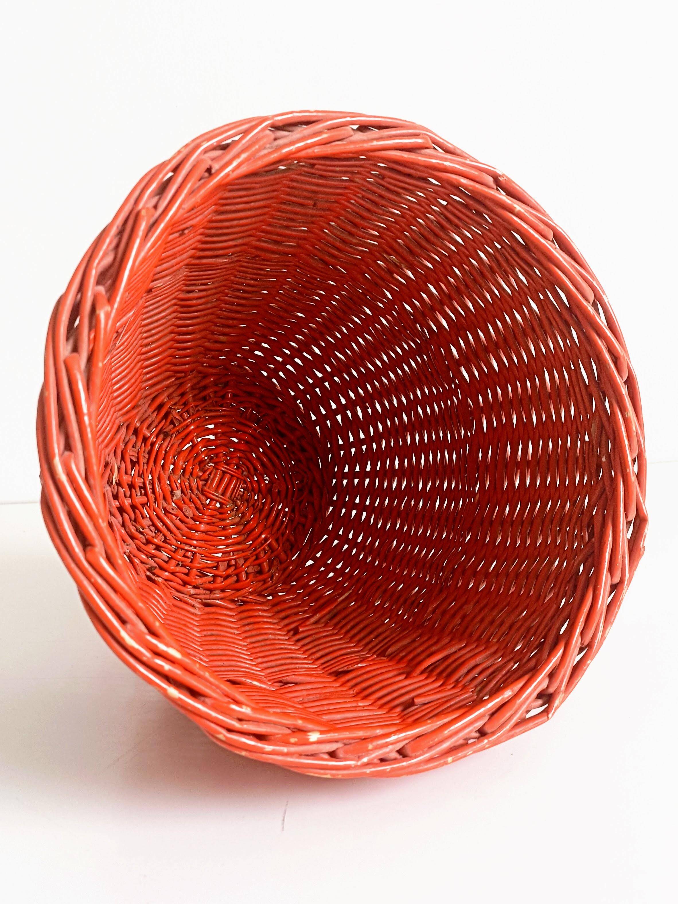 Bohemian Mid-Century Coral Red Wicker Basket, France, circa 1960s