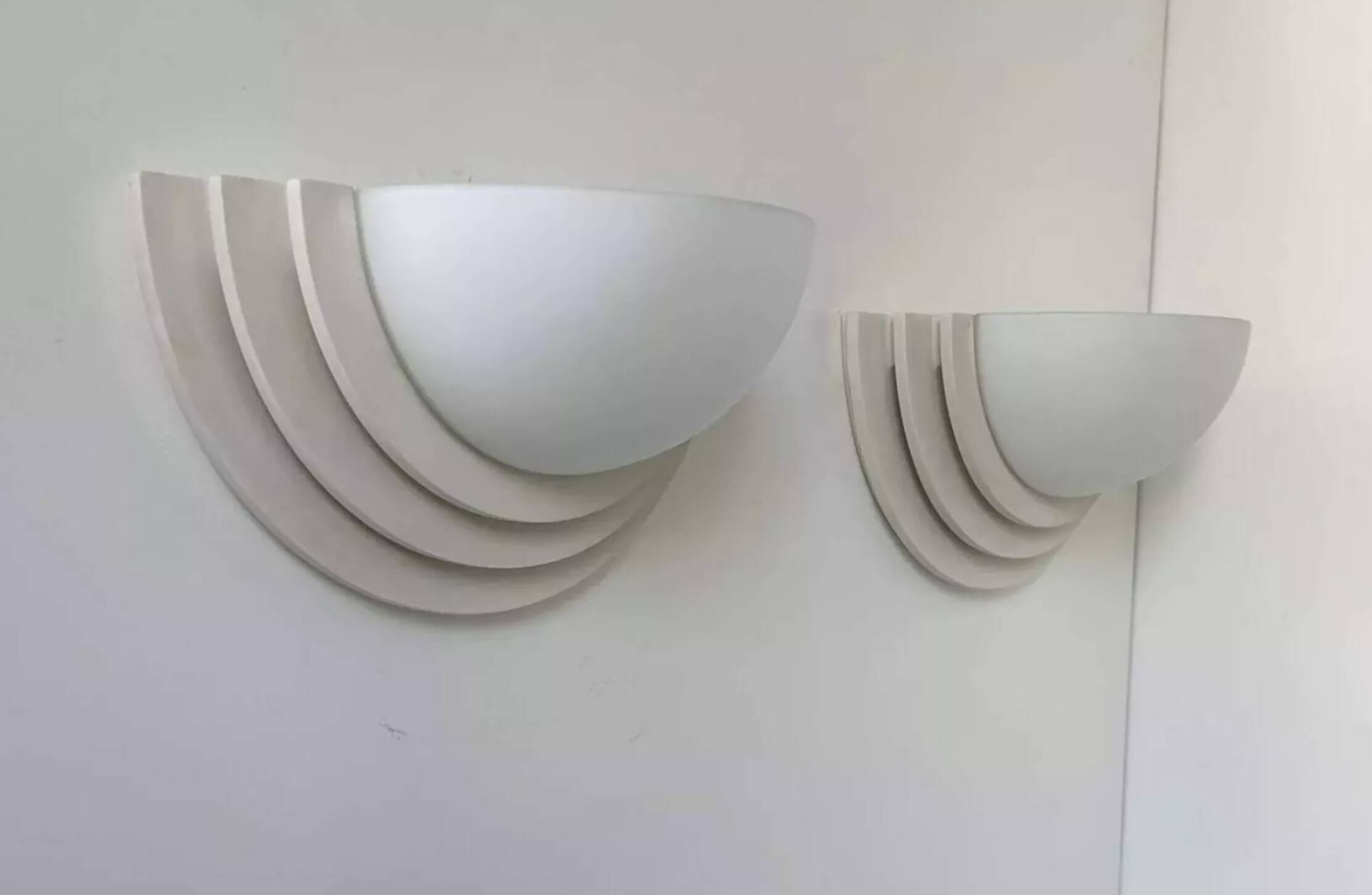 Pair of vintage geometric wall lights, plaster and sandblasted glass, France 1970