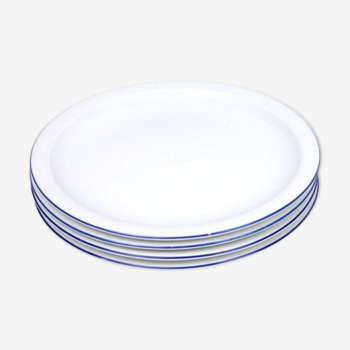 Lot de 4 assiettes rondes en faïence blanche et avec un liseré bleu